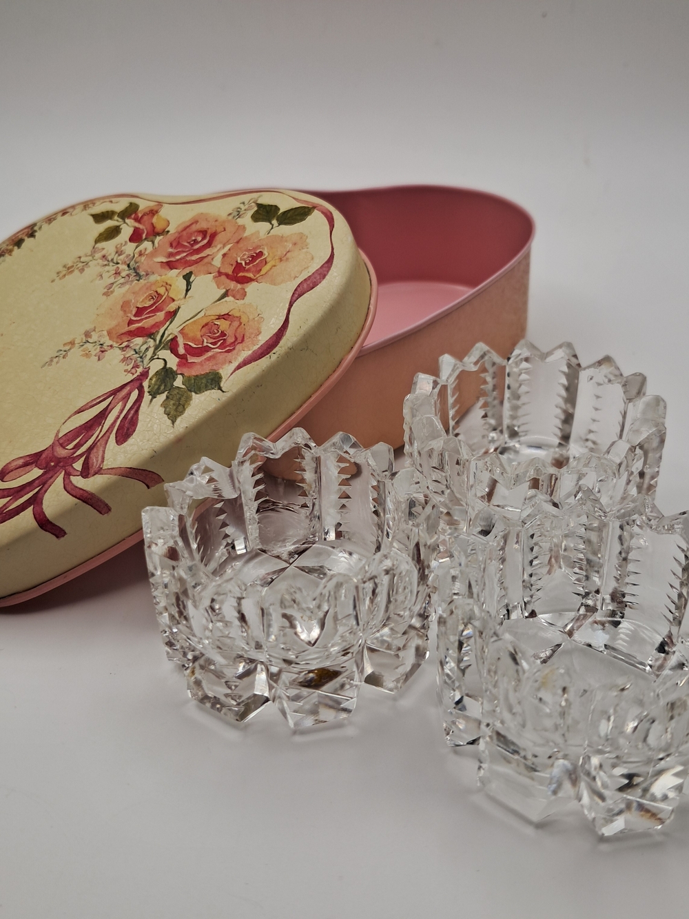 Vintage Cut Crystal Salt Cellars Set of 3 with Floral Heart Tin Box Open Salts